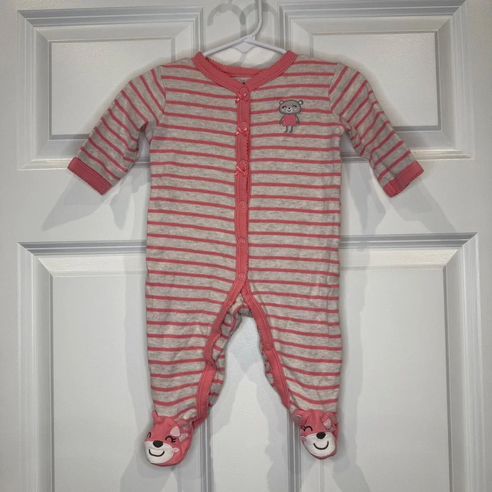 Carter's Baby Girl Pink Striped Bear Footed Pajamas Size 3 Months
